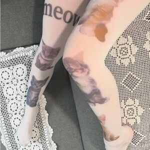 Cat Print Tights - Cream